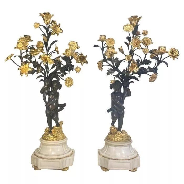 Antiqie Pair Large Impressive French Bronze Dore 5 Light Cherub Putti Candelabra