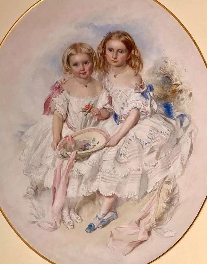 A Large Victorian Eye Catching Double Portrait Painting Of Two Pretty Sisters-photo-2