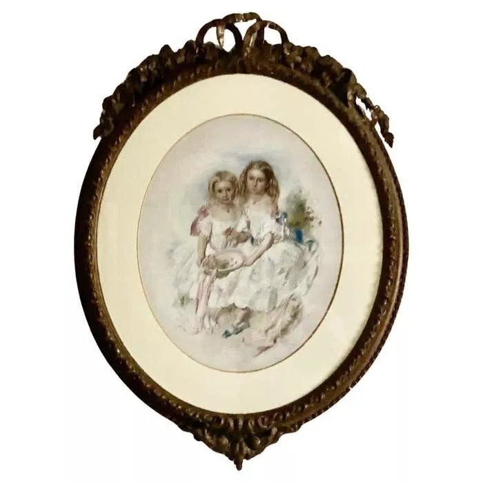 A Large Victorian Eye Catching Double Portrait Painting Of Two Pretty Sisters-photo-1