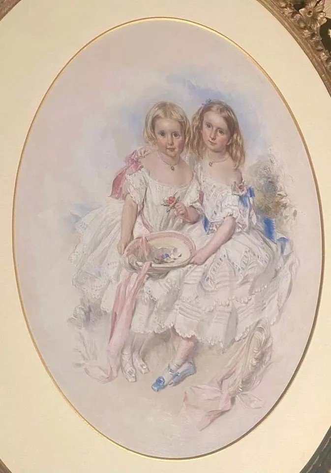 A Large Victorian Eye Catching Double Portrait Painting Of Two Pretty Sisters-photo-4