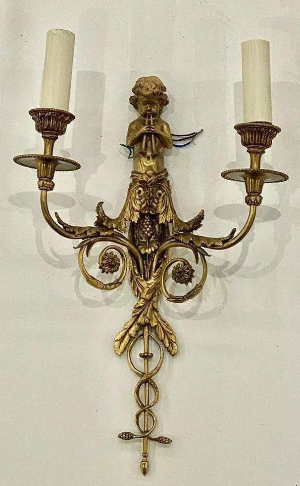 Set Of Four French Gilt Bronze Dore Two Branch Cherub Wall Sconces-photo-2