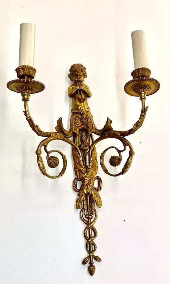 Set Of Four French Gilt Bronze Dore Two Branch Cherub Wall Sconces-photo-3