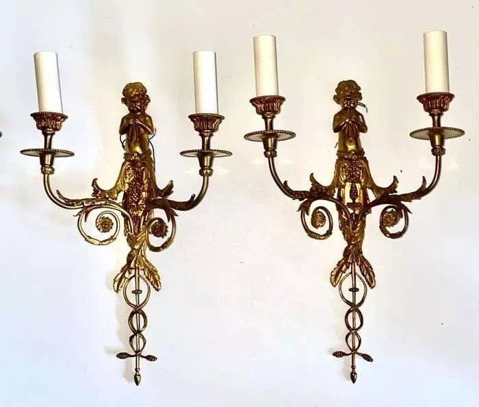 Set Of Four French Gilt Bronze Dore Two Branch Cherub Wall Sconces-photo-2