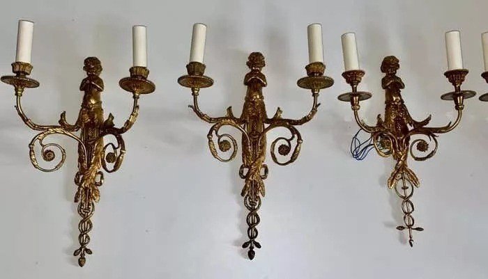 Set Of Four French Gilt Bronze Dore Two Branch Cherub Wall Sconces-photo-3