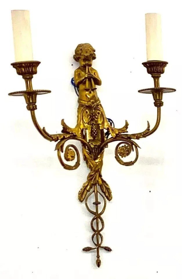 Set Of Four French Gilt Bronze Dore Two Branch Cherub Wall Sconces-photo-4