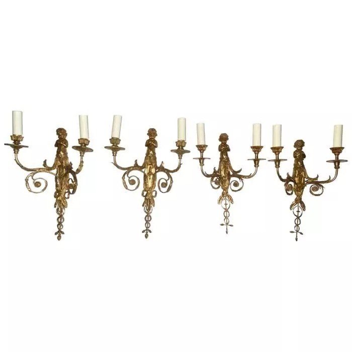 Set Of Four French Gilt Bronze Dore Two Branch Cherub Wall Sconces