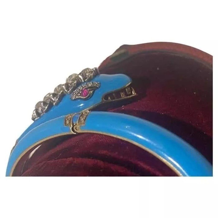 Antique Victorian 2.80ct Old Cut Diamond, Ruby & Turquoise Enamel Snake Bracelet-photo-5