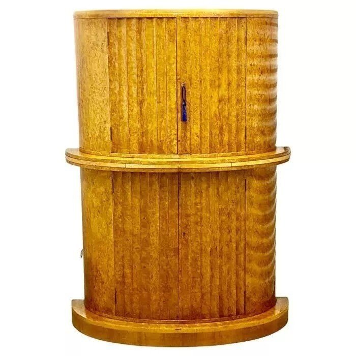 Art Deco Blonde Burl Maple Semi Circular Cocktail Cabinet Bar By H&l Epstein-photo-2