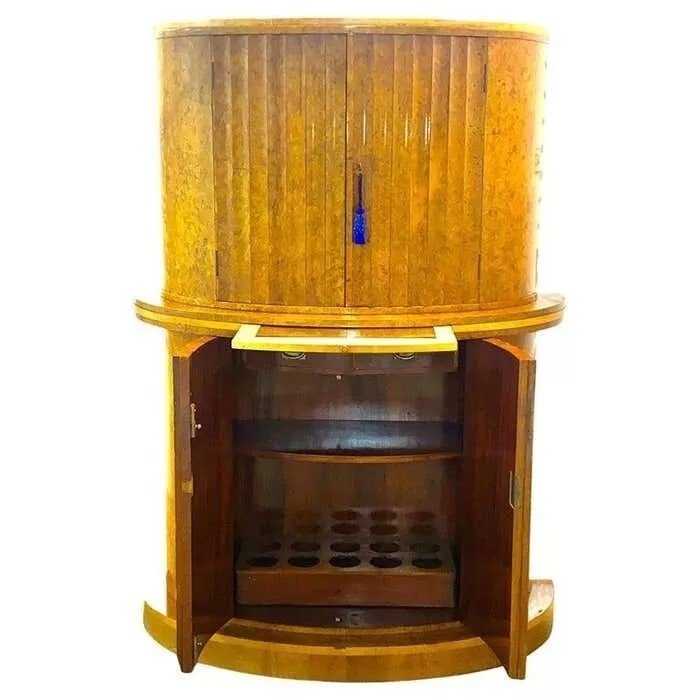 Art Deco Blonde Burl Maple Semi Circular Cocktail Cabinet Bar By H&l Epstein-photo-1