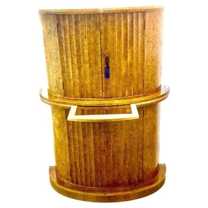 Art Deco Blonde Burl Maple Semi Circular Cocktail Cabinet Bar By H&l Epstein-photo-2