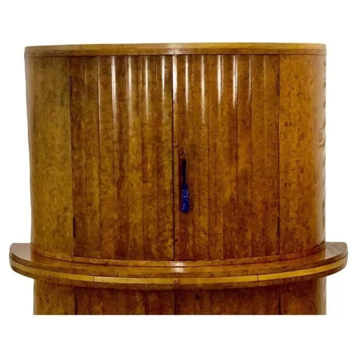 Art Deco Blonde Burl Maple Semi Circular Cocktail Cabinet Bar By H&l Epstein-photo-3