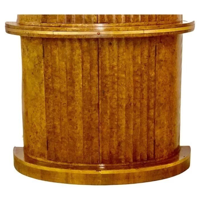 Art Deco Blonde Burl Maple Semi Circular Cocktail Cabinet Bar By H&l Epstein-photo-4