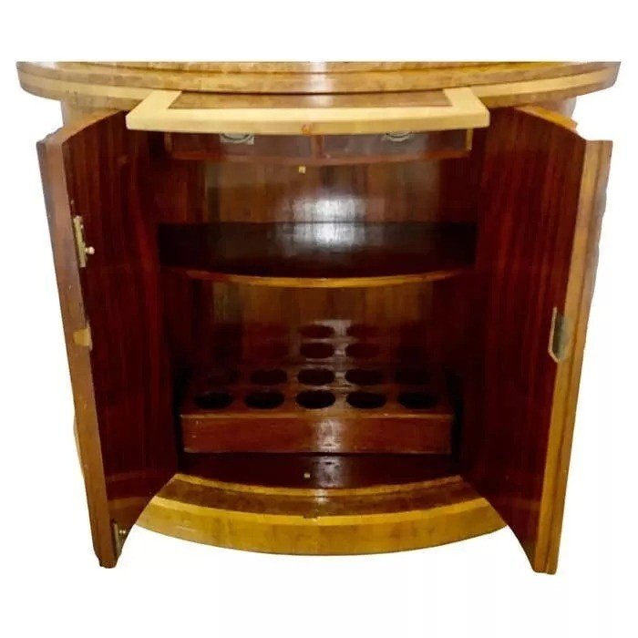 Art Deco Blonde Burl Maple Semi Circular Cocktail Cabinet Bar By H&l Epstein-photo-6