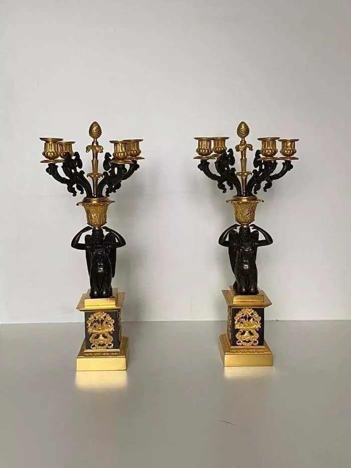 Pair Of Early 19th Century French Empire Bronze Dor'e Four-light Candelabrums-photo-4