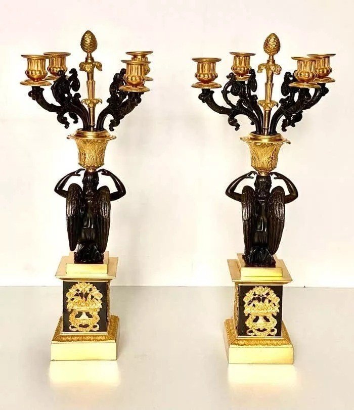 Pair Of Early 19th Century French Empire Bronze Dor'e Four-light Candelabrums-photo-1