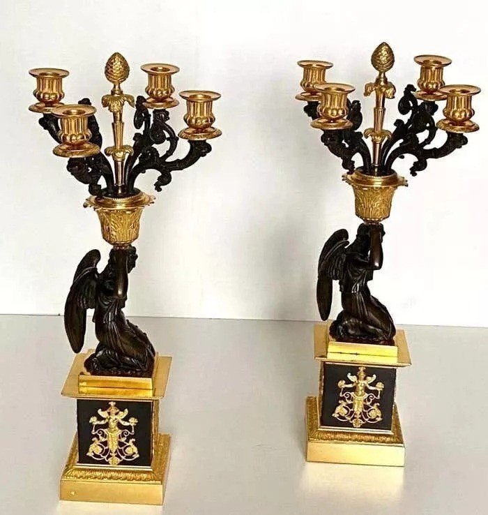 Pair Of Early 19th Century French Empire Bronze Dor'e Four-light Candelabrums-photo-2