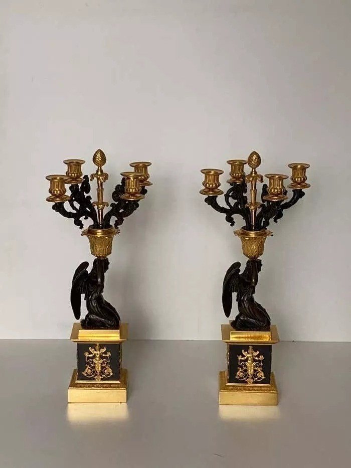 Pair Of Early 19th Century French Empire Bronze Dor'e Four-light Candelabrums-photo-3