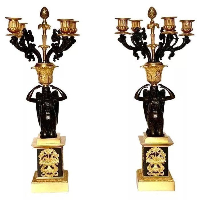 Pair Of Early 19th Century French Empire Bronze Dor'e Four-light Candelabrums