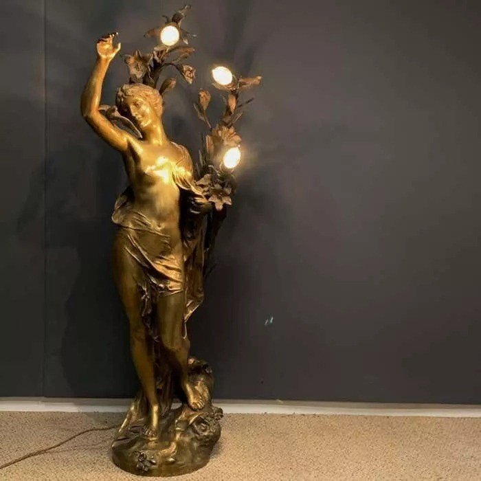 A Huge Impressive Art Nouveau Bronze Figural Lady Lamp Signed Henri Honore Ple-photo-1