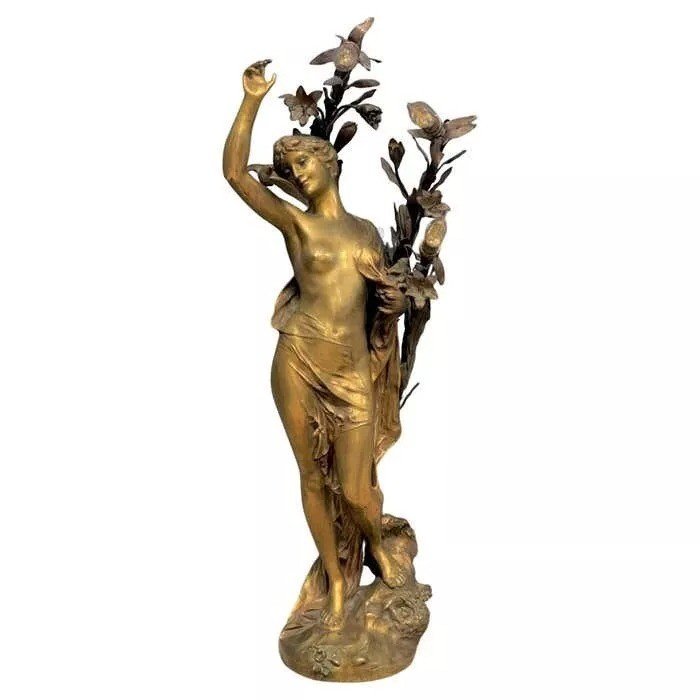 A Huge Impressive Art Nouveau Bronze Figural Lady Lamp Signed Henri Honore Ple-photo-2