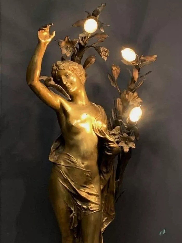 A Huge Impressive Art Nouveau Bronze Figural Lady Lamp Signed Henri Honore Ple-photo-5