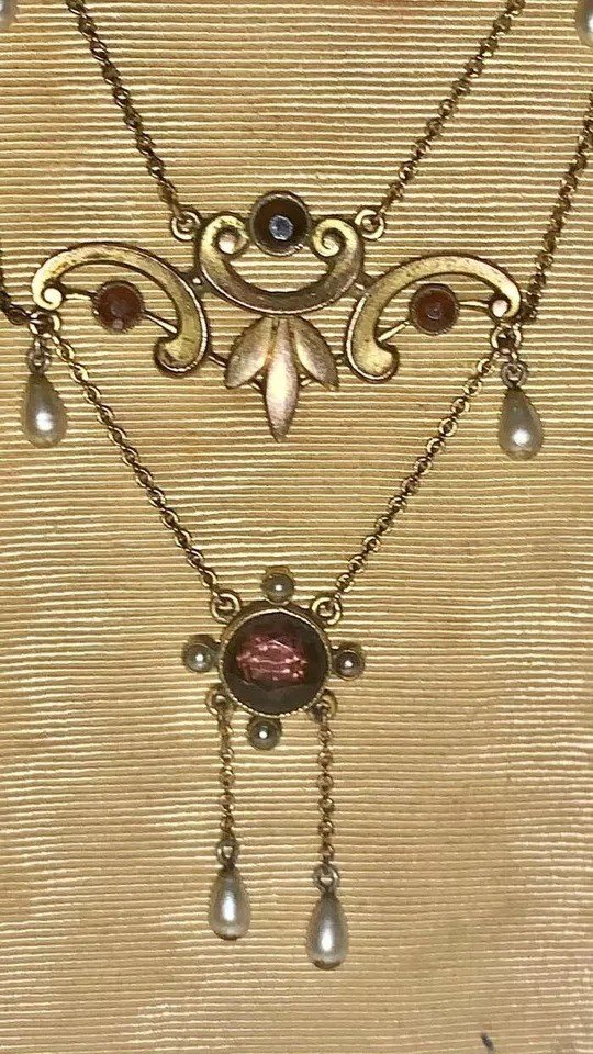 Collier Ancien Lavallière Victorienne En Grenat Et Perles, Or 9ct-photo-1