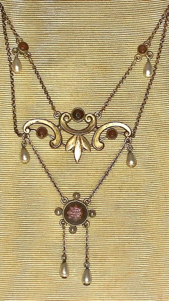 Collier Ancien Lavallière Victorienne En Grenat Et Perles, Or 9ct-photo-2