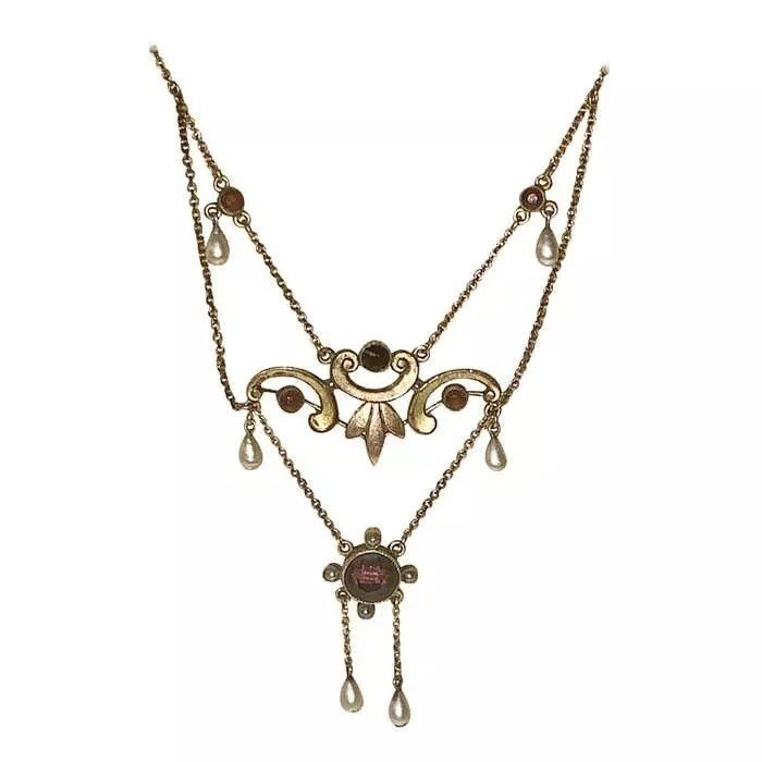 Collier Ancien Lavallière Victorienne En Grenat Et Perles, Or 9ct