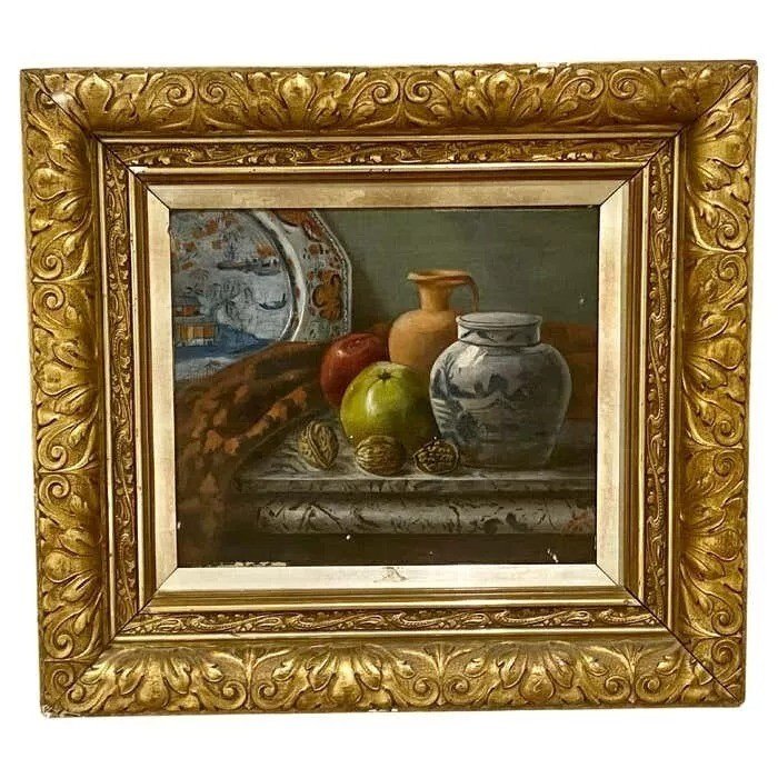 E. Cremer Still Life Painting Of Fruit A Chinese Ginger Jar, Etc Antique C 1881-photo-1