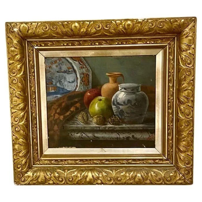 E. Cremer Still Life Painting Of Fruit A Chinese Ginger Jar, Etc Antique C 1881