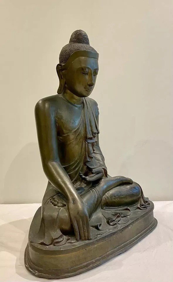 Large Antique Bronze Mandalay Burmese Seated Buddha Circa 19th Century-photo-2