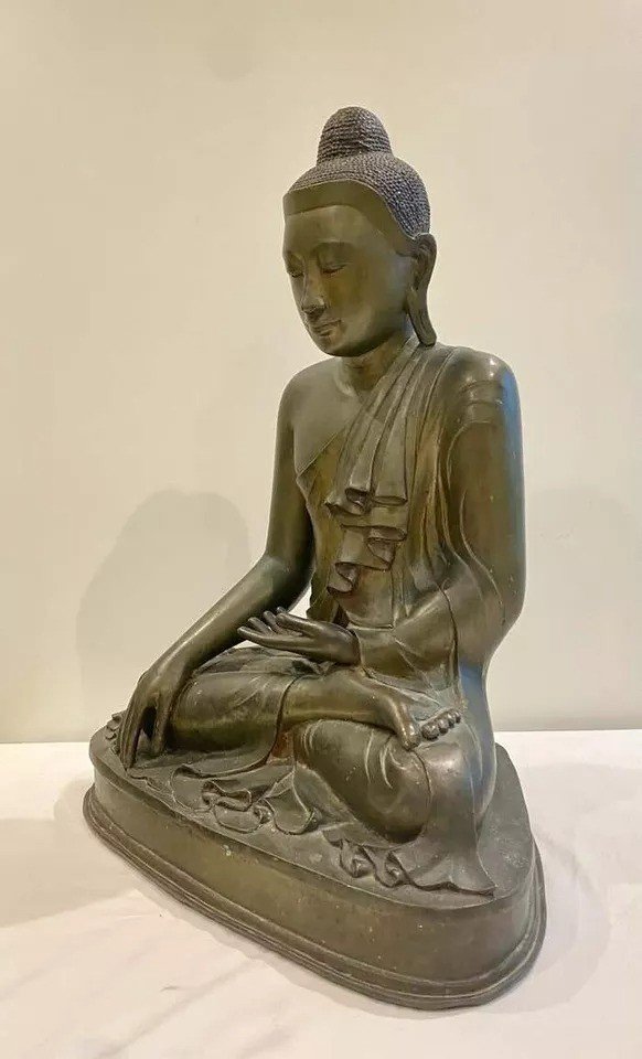 Large Antique Bronze Mandalay Burmese Seated Buddha Circa 19th Century-photo-3