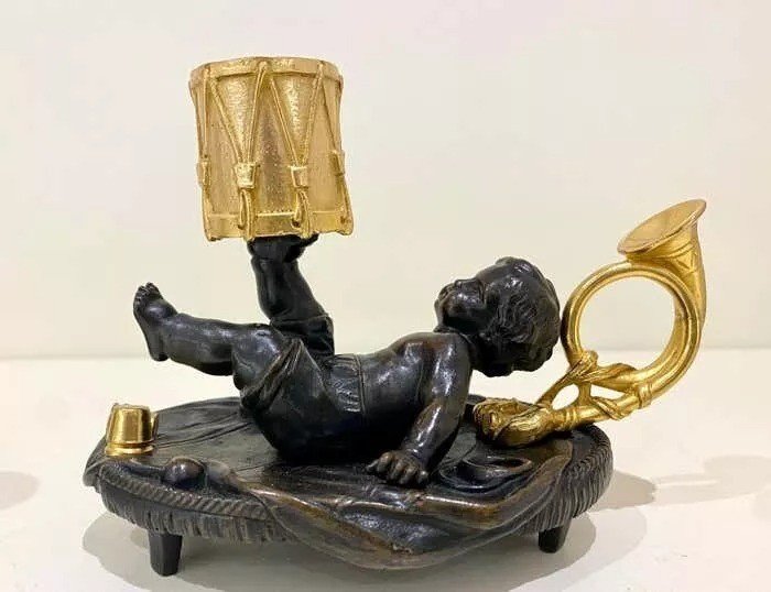 Paire De Bougeoirs De Chambre Anciens En Bronze Doré Et Patiné Avec Chérubins, 19e Siècle-photo-2