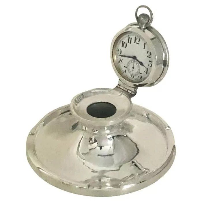 English Sterling Silver Capstan Inkwell With Pocket Watch - Edwardian-photo-1