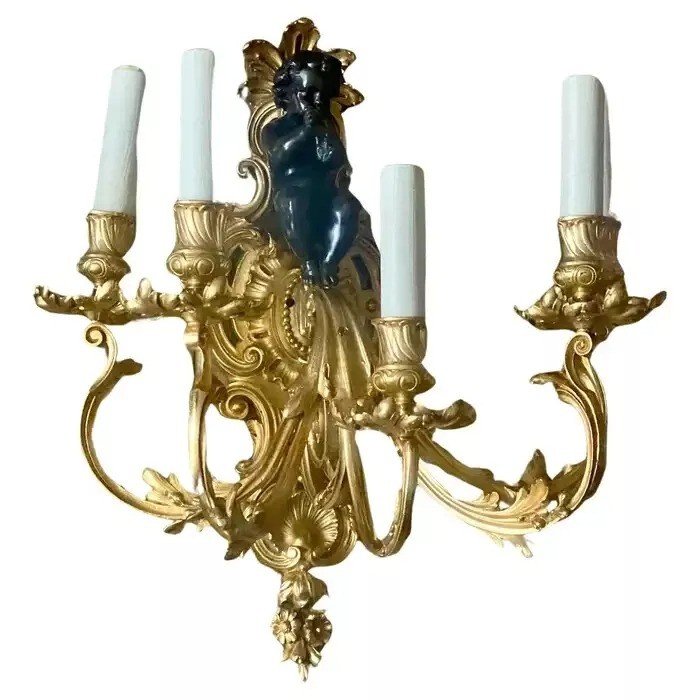 A Large Pair Of 19th Century French Gilt Bronze Dore Cherub Wall Sconces-photo-2