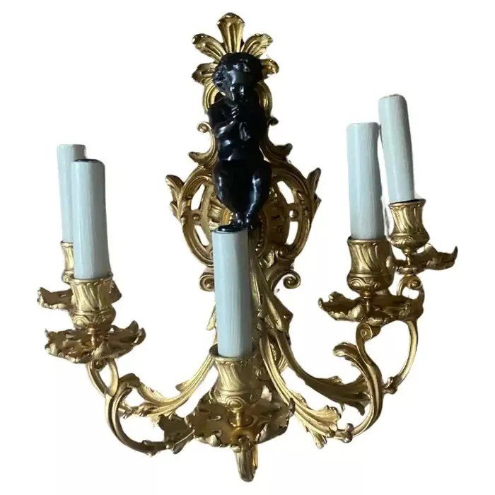 A Large Pair Of 19th Century French Gilt Bronze Dore Cherub Wall Sconces-photo-3