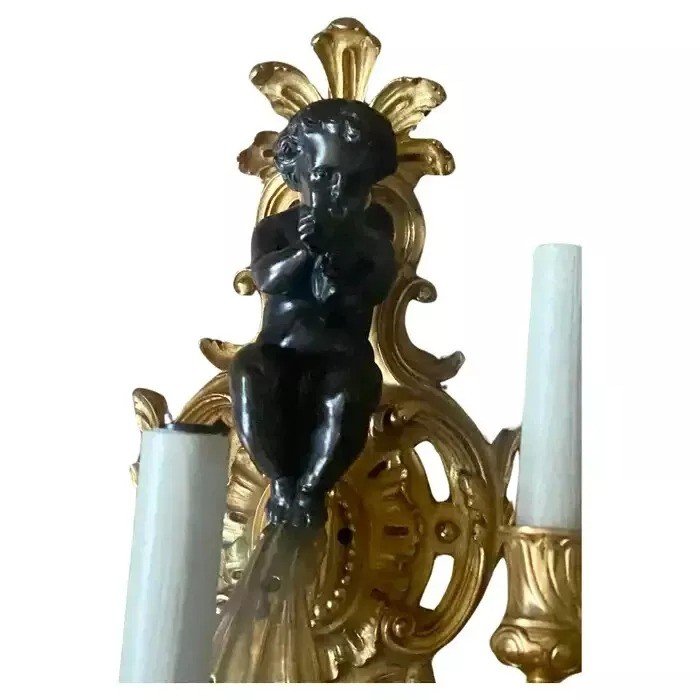 A Large Pair Of 19th Century French Gilt Bronze Dore Cherub Wall Sconces-photo-2