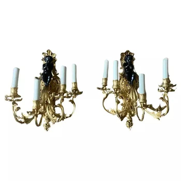 A Large Pair Of 19th Century French Gilt Bronze Dore Cherub Wall Sconces