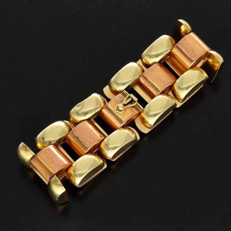 Bracelet Tank Art Déco En Or Bicolore 14k Rose Et Jaune, Circa 1930, 52 Grammes-photo-3