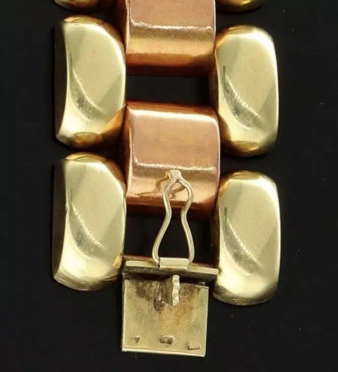 Art Deco Tank Bracelet 14k Two Tone Rose & Yellow Gold Circa 1930's. 52 Grams-photo-3