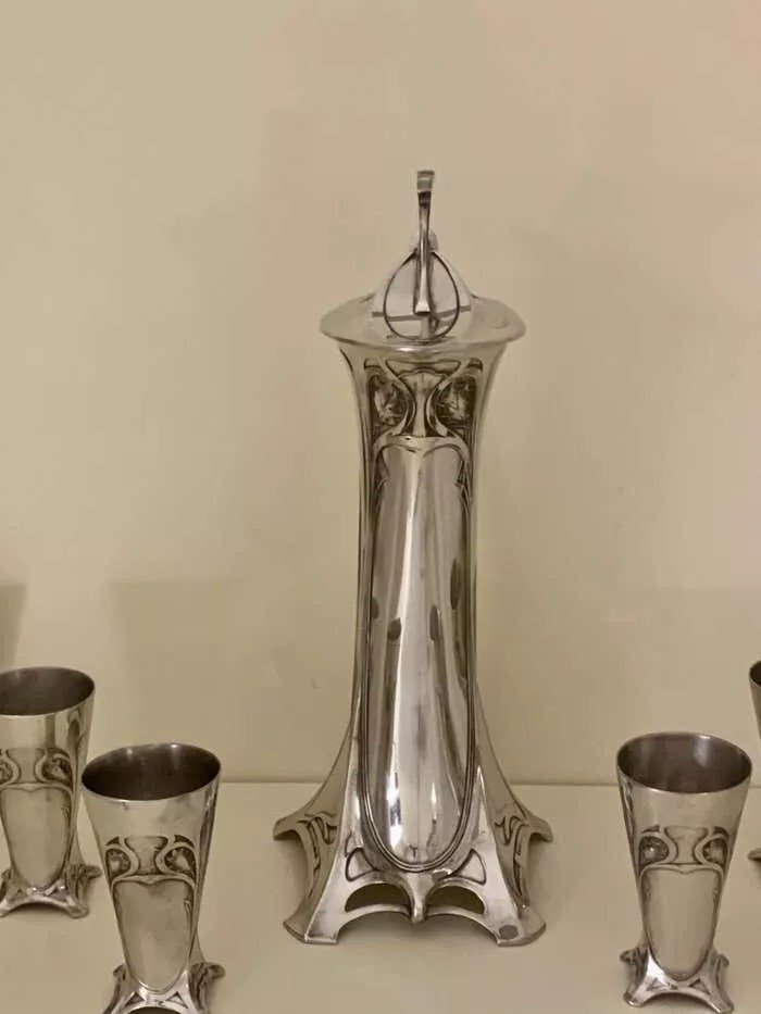 Rare Art Nouveau Silvered Pewter Liqueur Set By W.m.f-photo-2