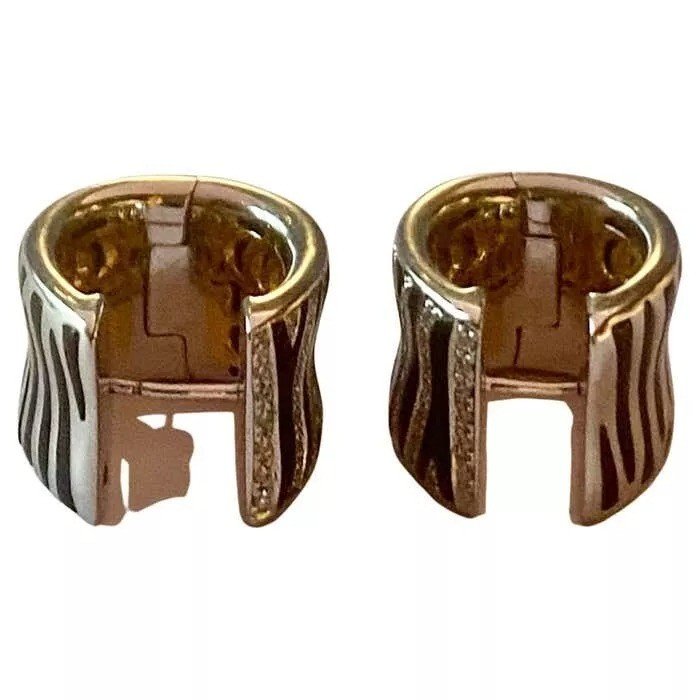 Roberto Coin Zebra Collection Earrings Two Tone 18k Yellow & White Gold & Enamel-photo-2