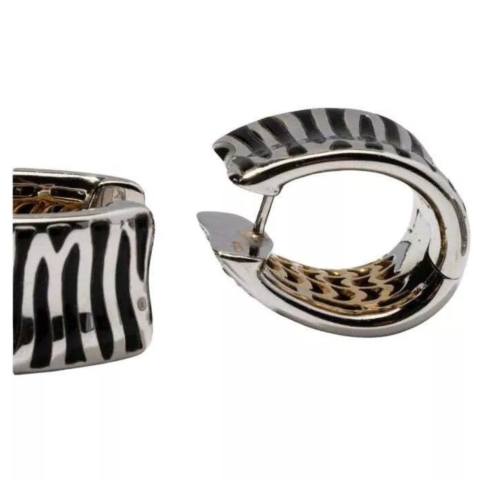 Roberto Coin Zebra Collection Earrings Two Tone 18k Yellow & White Gold & Enamel-photo-2