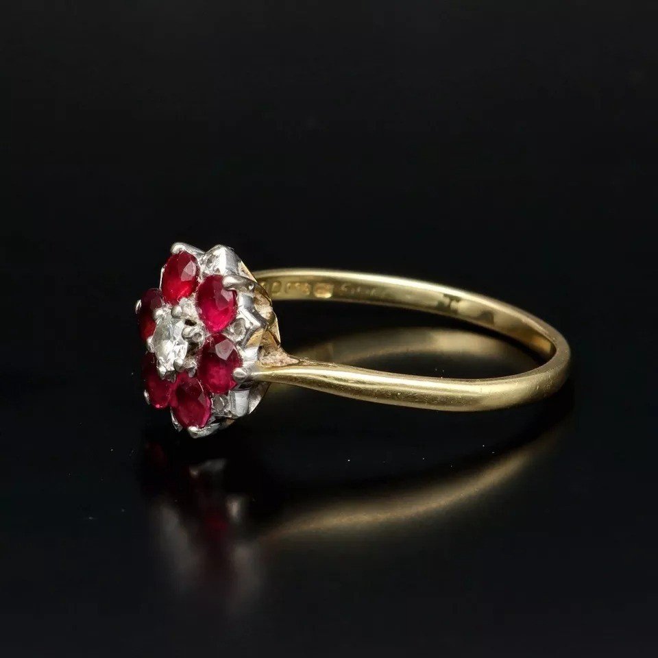 Superb Vintage 18ct White Gold Ruby & Diamond Flower Cluster Ring-photo-4