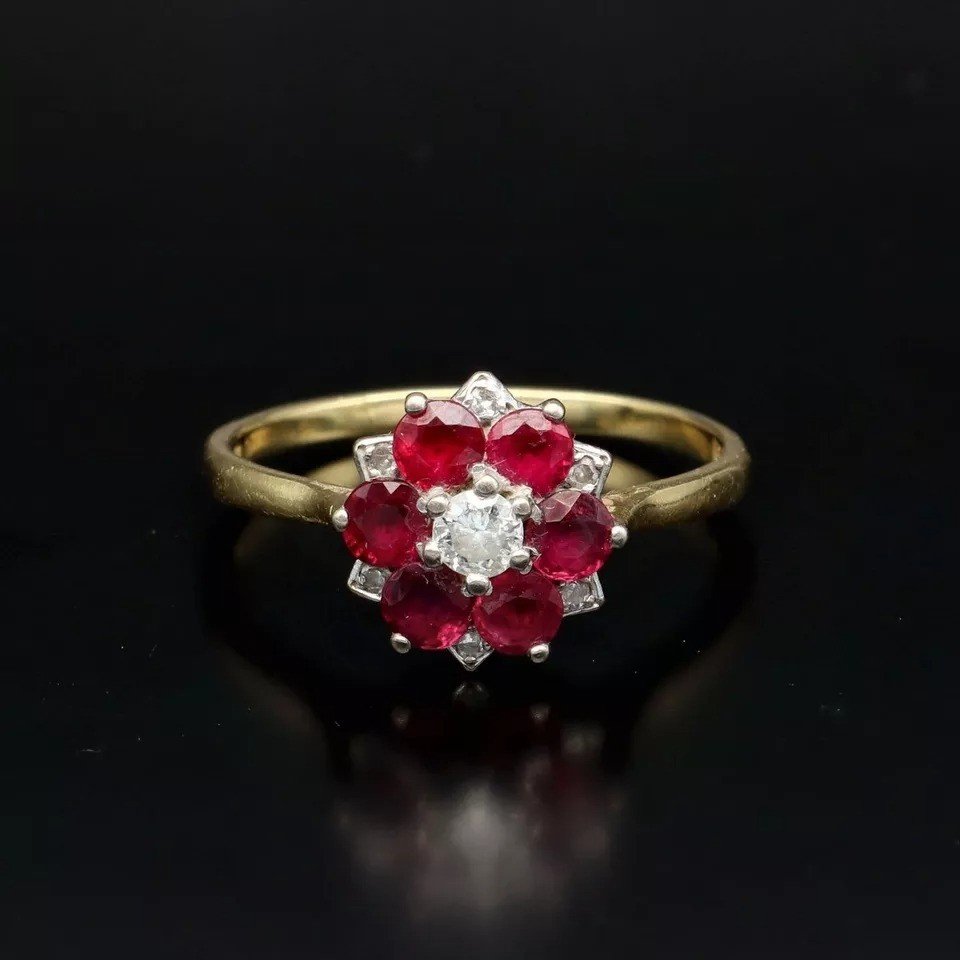 Superb Vintage 18ct White Gold Ruby & Diamond Flower Cluster Ring-photo-5