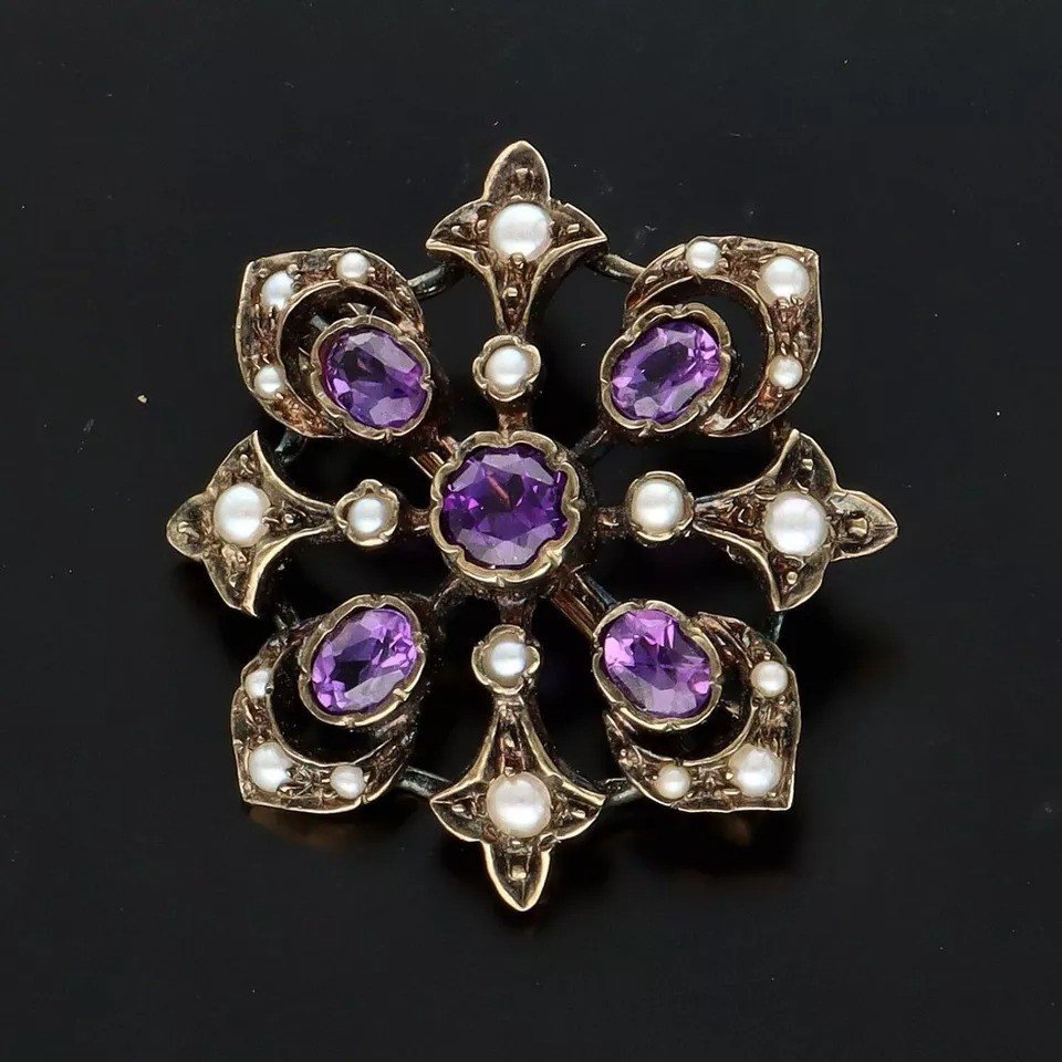 Victorian 9ct Gold Amethyst And Pearl Brooch-photo-3