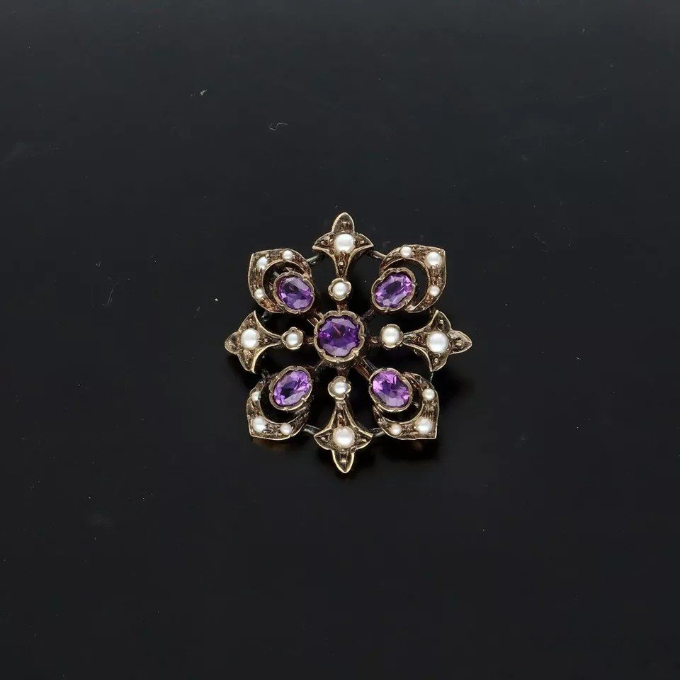 Victorian 9ct Gold Amethyst And Pearl Brooch-photo-4