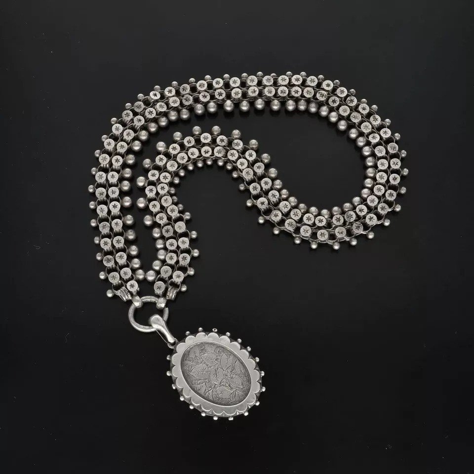 Collier Victorien En Argent Avec Chaîne De Livre Et Pendentif-photo-3