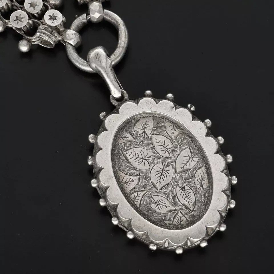 Collier Victorien En Argent Avec Chaîne De Livre Et Pendentif-photo-5