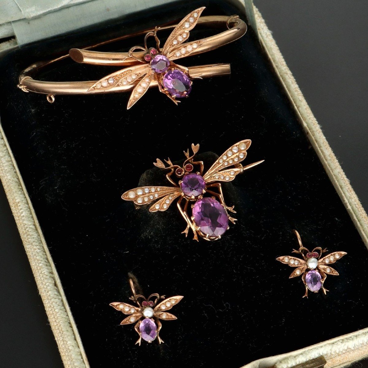 Boxed 9ct Gold Amethyst Bumble Bee Jewellery Set-photo-5